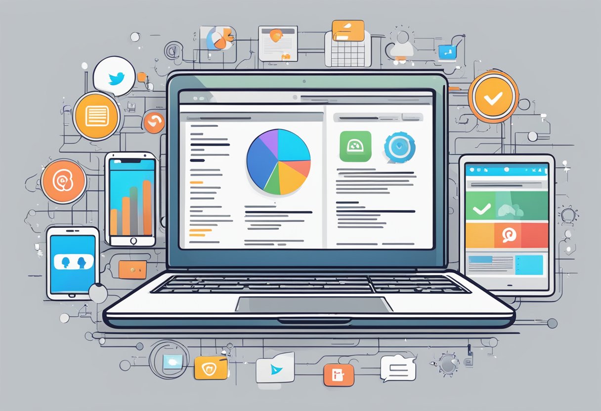 A laptop surrounded by social media icons, with a graph showing increased engagement, and a checklist of optimization strategies