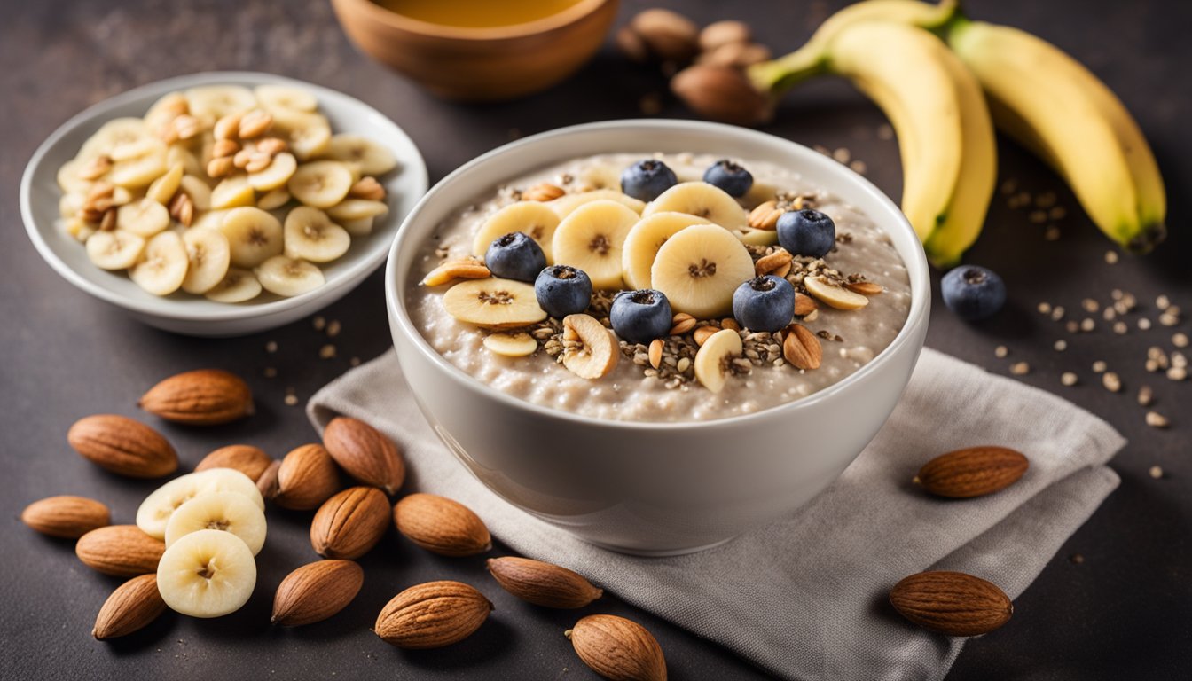 A bowl of oatmeal topped with sliced bananas and chia seeds, surrounded by a variety of healthy ingredients such as almond milk, nuts, and honey