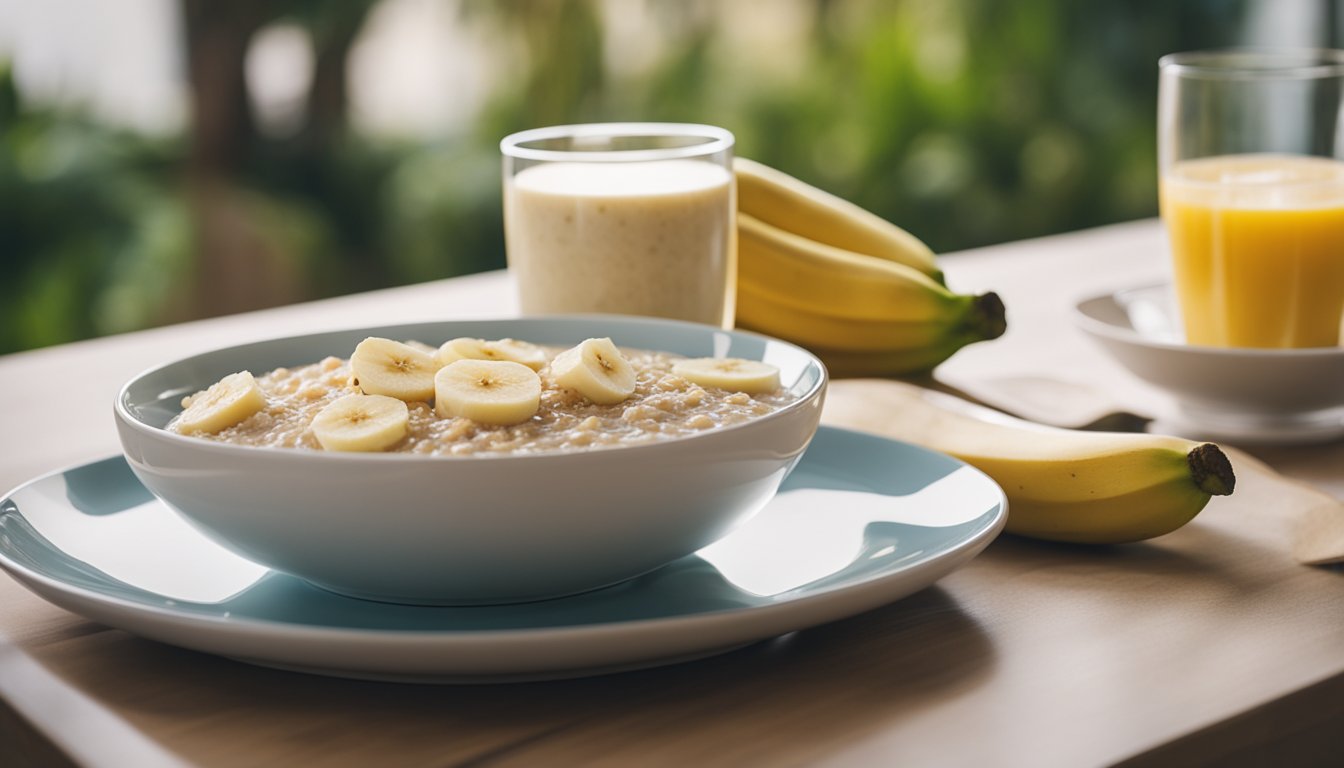 A breakfast table with a bowl of banana oatmeal, a plate of sliced bananas, and a glass of banana smoothie