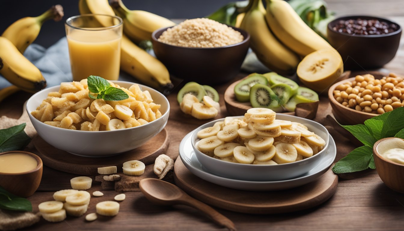 A table set with gluten-free and vegan options, featuring a variety of fit recipes with bananas as the main ingredient