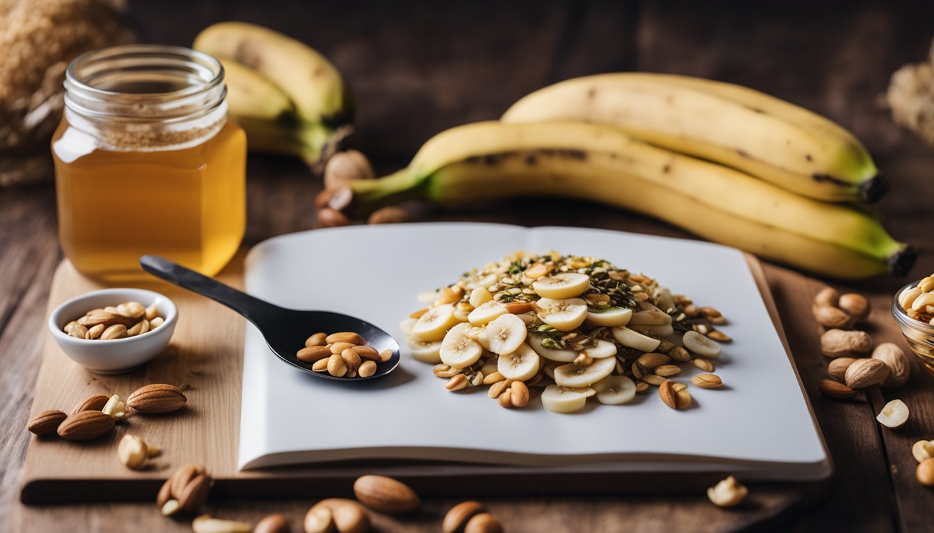 A counter with bananas, a cutting board, and a knife. A bowl of mixed nuts and seeds. A jar of honey and a spoon. A recipe book open to a page titled "Healthy Banana Recipes."