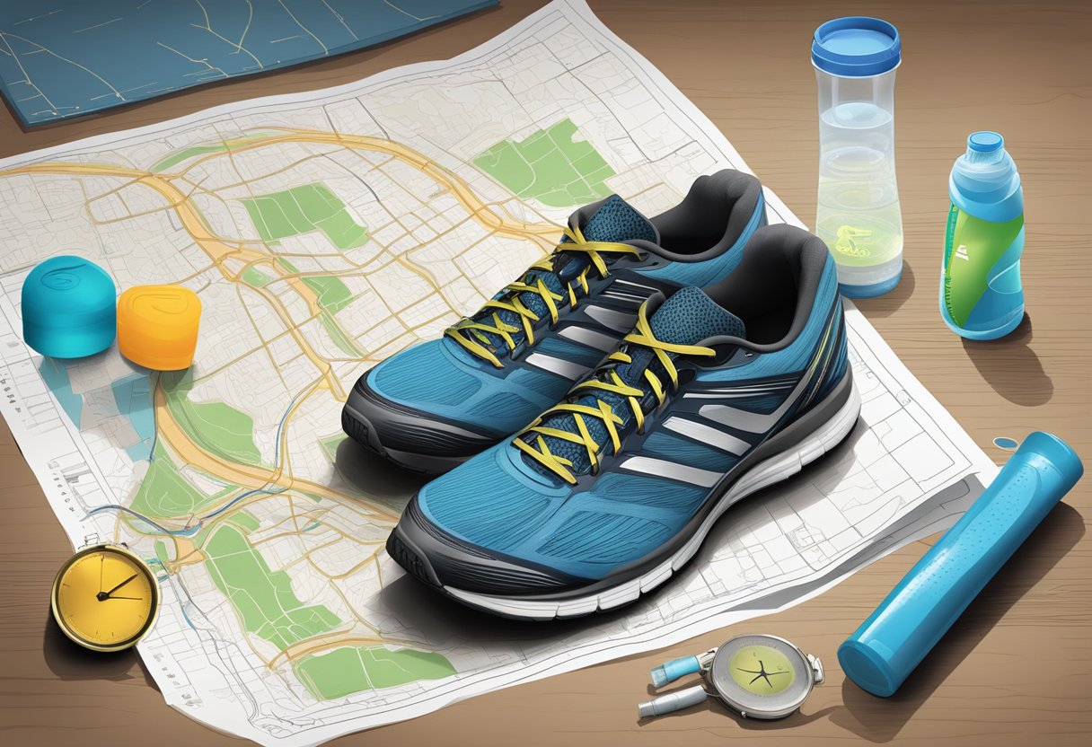 A runner's training scene: shoes, water bottle, stopwatch, and a running route map laid out on a table