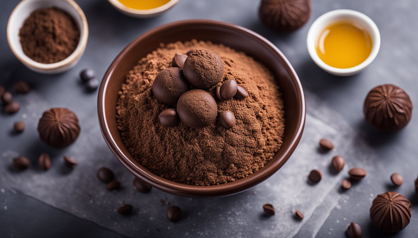 A bowl of homemade brigadeiro fit without condensed milk, surrounded by ingredients like cocoa powder, coconut oil, and sweetener