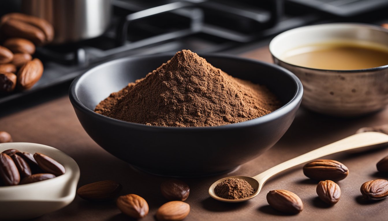 A bowl of dates, cocoa powder, and almond flour. A mixing spoon and a small pot on the stove. Ingredients for a healthy brigadeiro