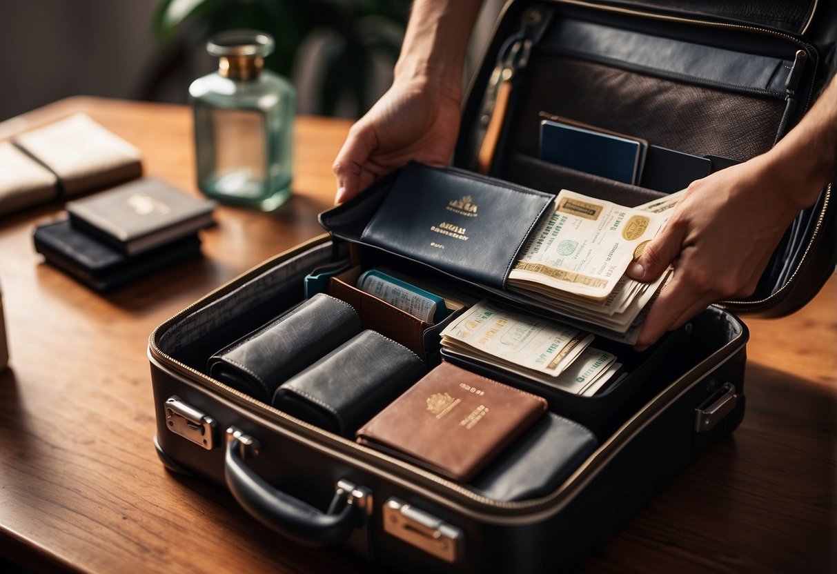 A suitcase open with neatly organized clip-on extensions and travel essentials. A hand reaching for a passport and tickets nearby