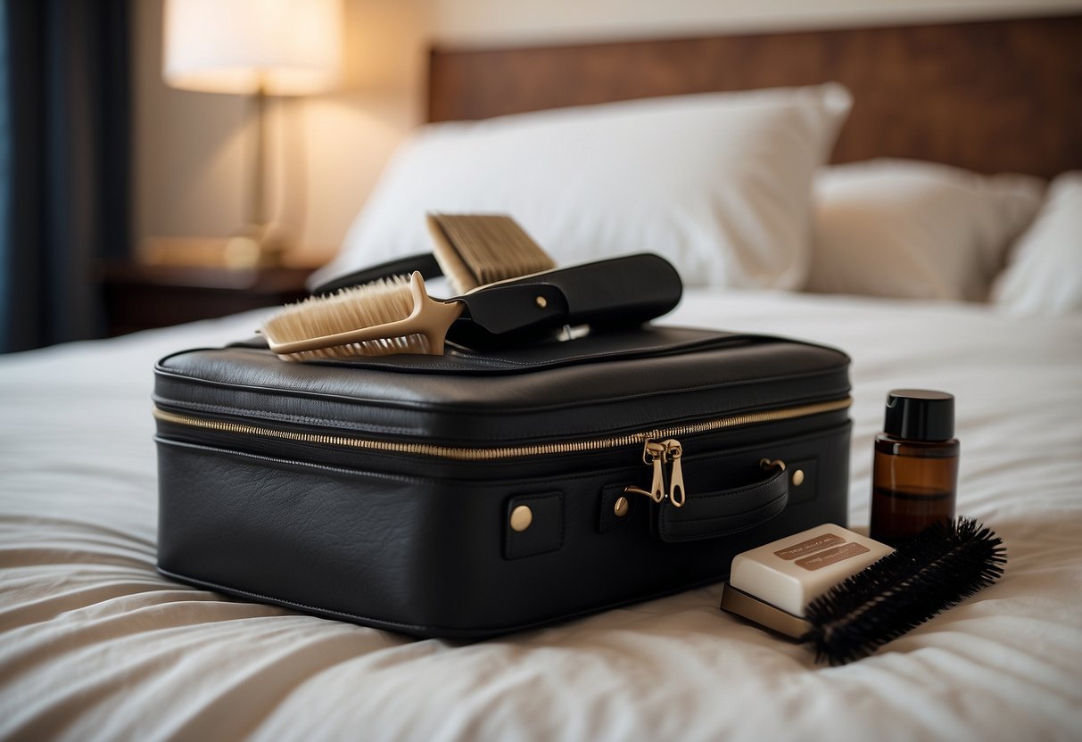 A suitcase with hair extensions spilling out, a hairbrush, and travel-sized hair products scattered on a messy bed