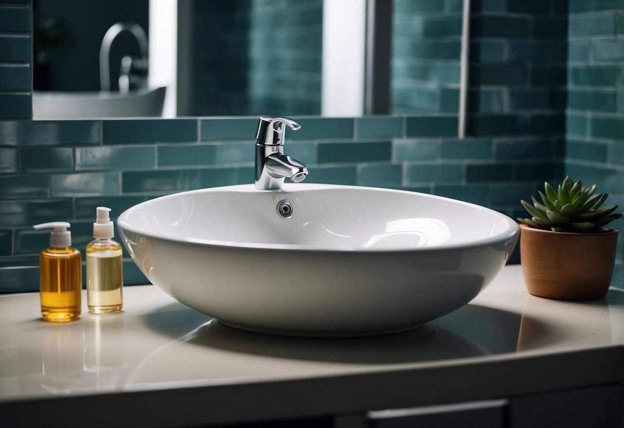 A clean sink with running water, shampoo, and conditioner. A towel and a hairdryer on a clean, flat surface