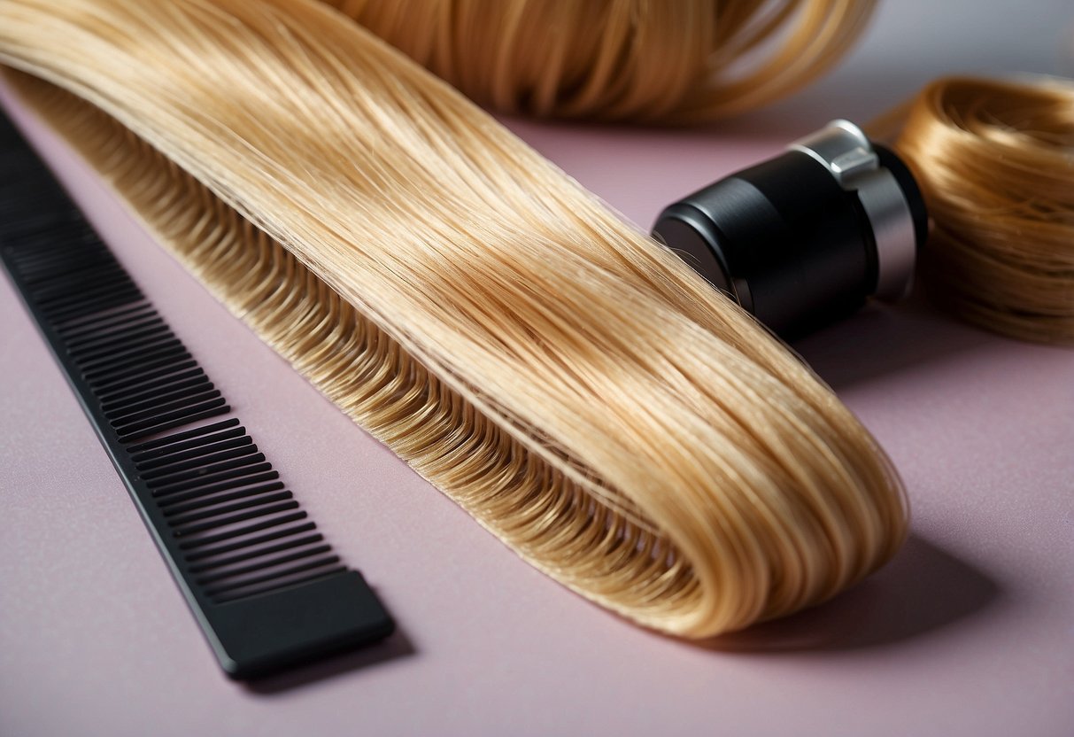 Sew-in extensions lying flat on a smooth surface, with no tangles or knots. A comb and detangling spray nearby