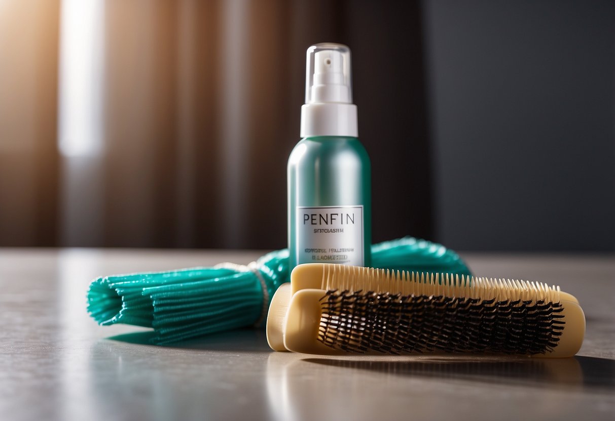 A bottle of anti-tangling spray next to a comb and a pack of sew-in hair extensions on a clean, flat surface