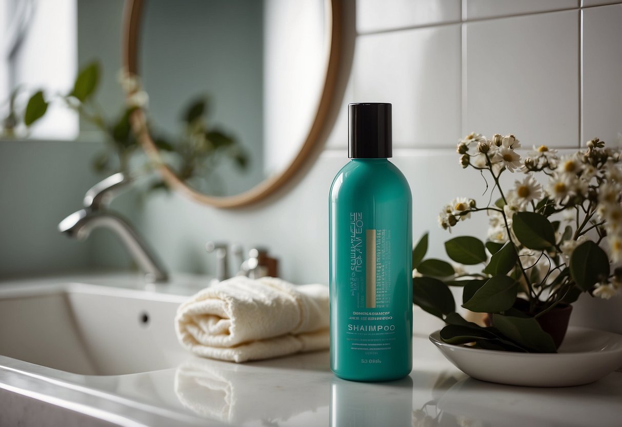 A bottle of shampoo and a pair of sew-in hair extensions placed on a bathroom counter