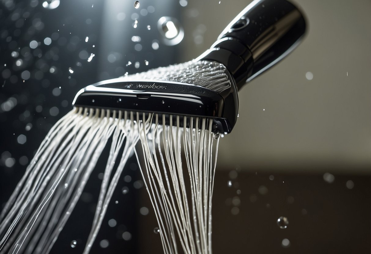 Hair extensions hang from a showerhead, water droplets falling. A bottle of shampoo and conditioner sit nearby, with a towel and detangling brush