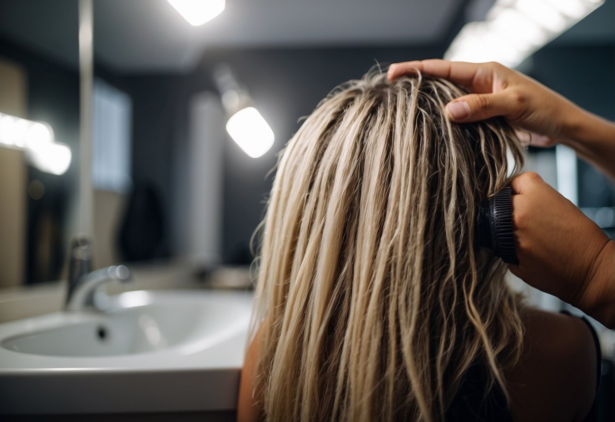 Una persona con extensiones cosidas examina su cuero cabelludo de cerca para detectar signos de irritación o acumulación mientras se lava el cabello.