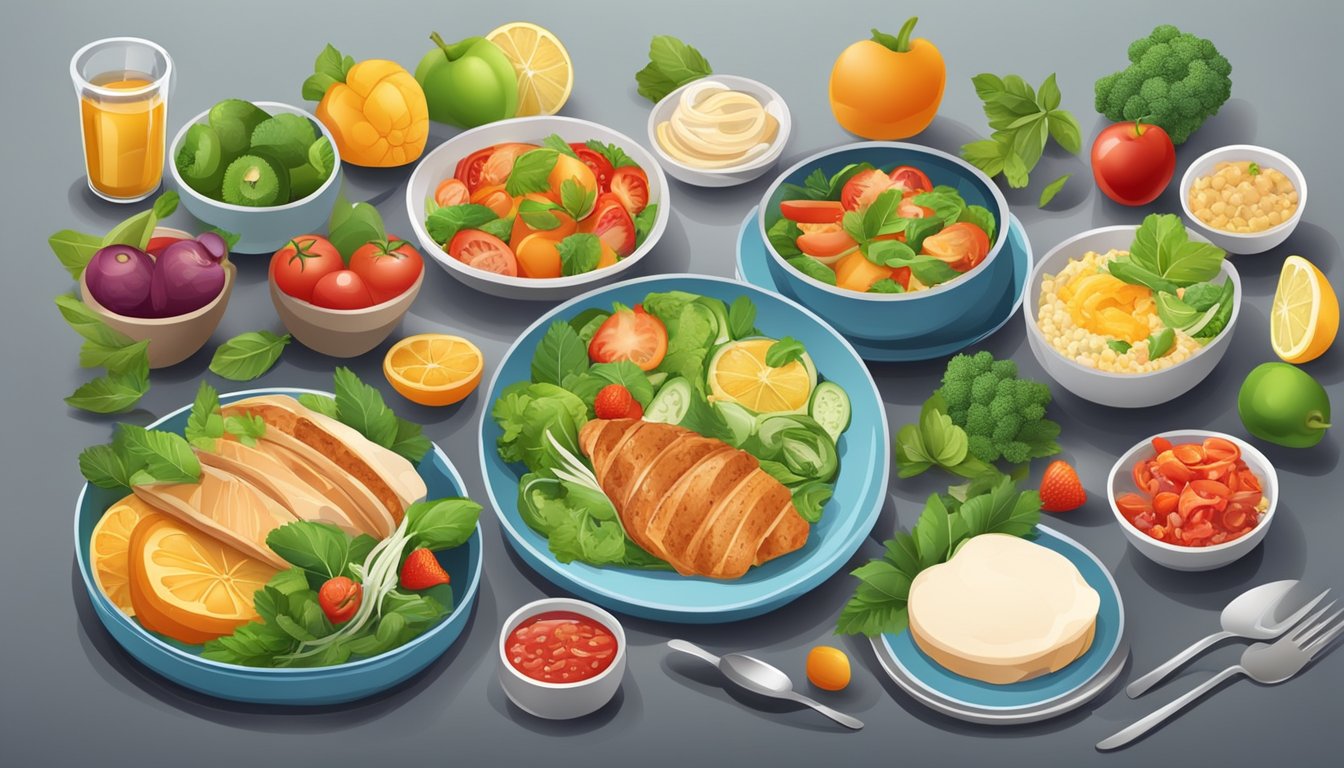 A table set with 7 colorful and appetizing fitness meals, surrounded by fresh ingredients and kitchen utensils