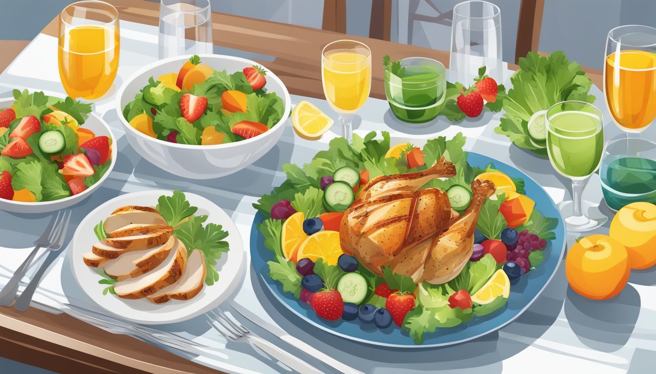 A table set with colorful, healthy dishes: salads, grilled chicken, and steamed vegetables. A glass of water and a plate of fresh fruit complete the scene