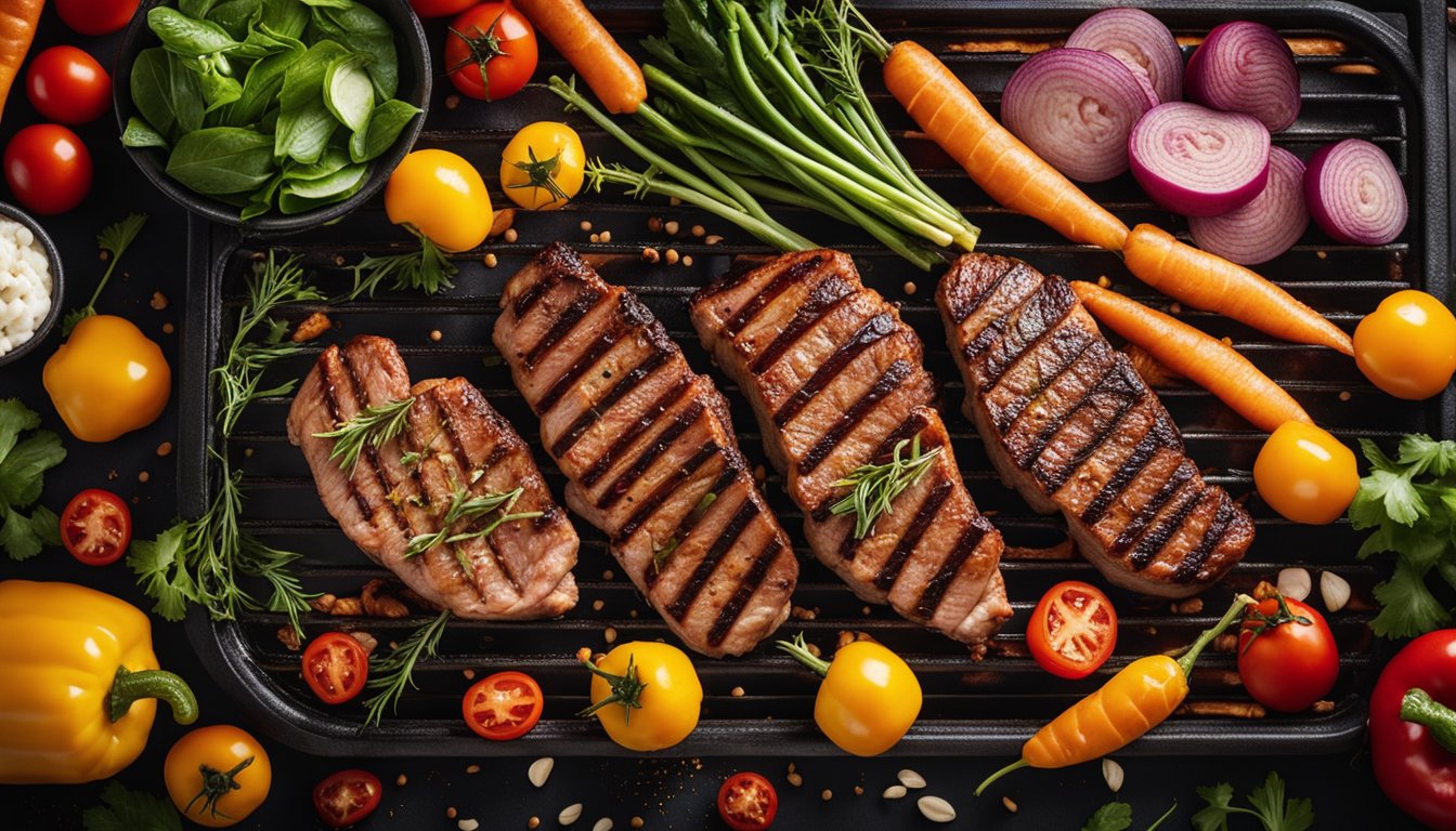 A colorful spread of lean meats on a grill, surrounded by vibrant vegetables and seasonings, evoking a sense of healthy and delicious barbecue