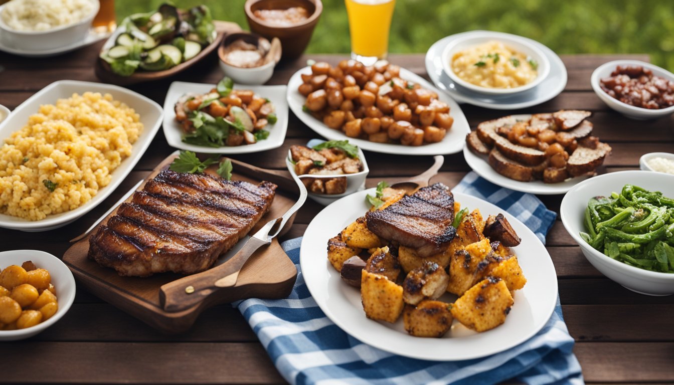 A spread of grilled lean meats and healthy side dishes on a picnic table