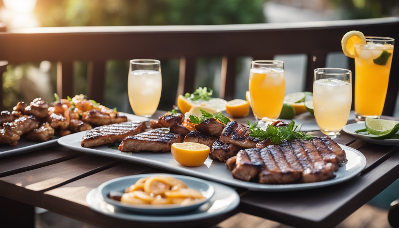 A table set with grilled lean meats and refreshing drinks, portraying a stylish fitness barbecue scene