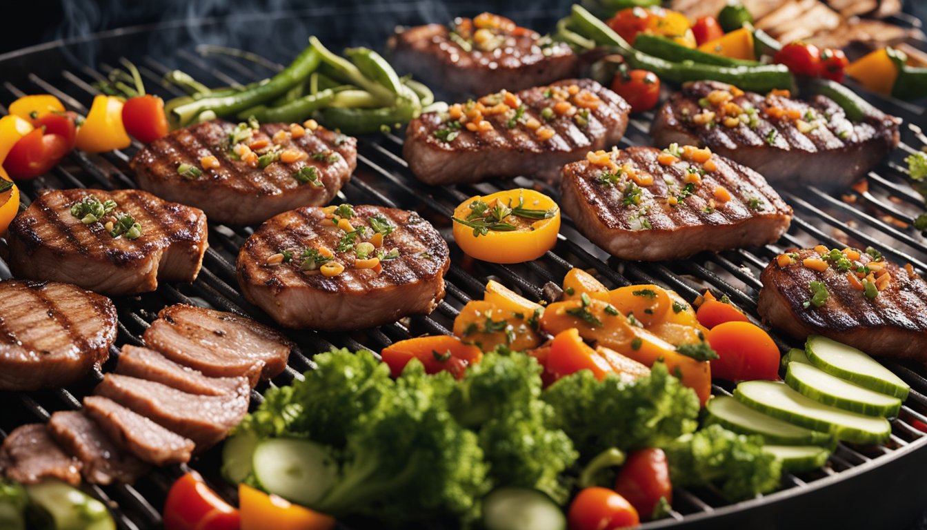 A spread of lean meats on a grill, surrounded by colorful vegetables and seasonings. The scene exudes a sense of healthy and delicious barbecue options