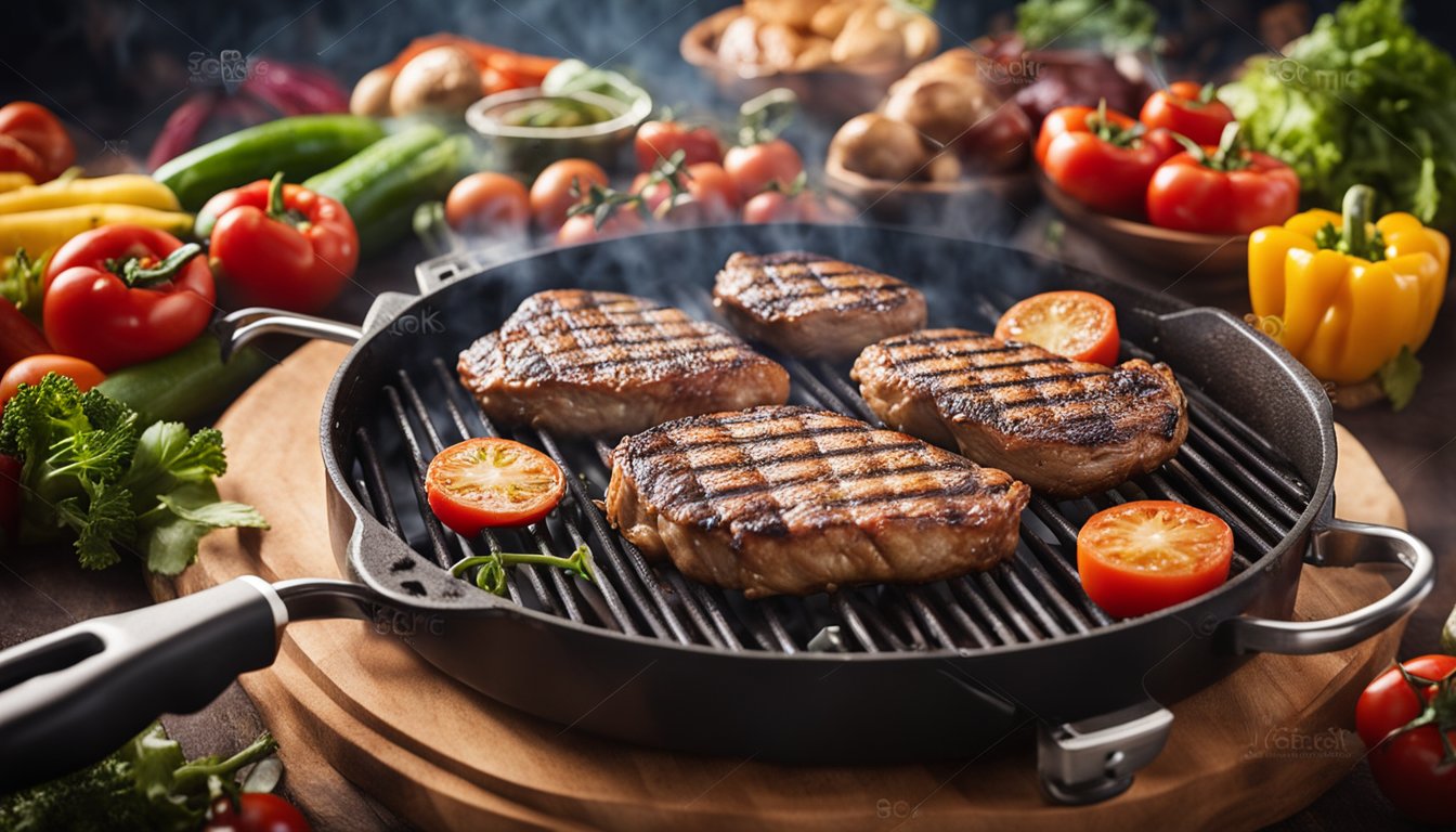 A grill sizzling with lean meats, surrounded by colorful vegetables and a banner reading "Frequently Asked Questions Churrasco fitness com carnes magras."