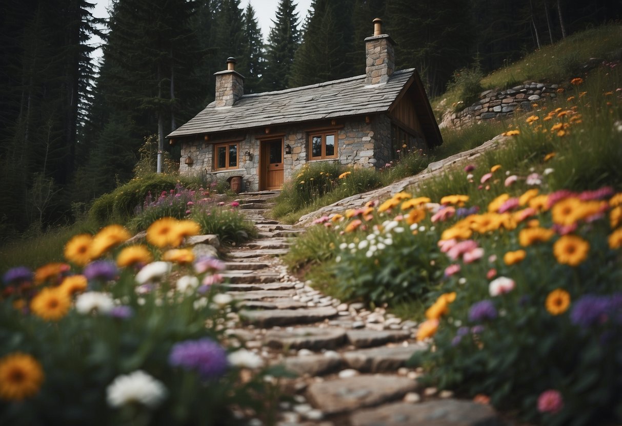 A cozy cottage nestled in a forest clearing, surrounded by colorful flowers and a winding stone path leading up to the front door