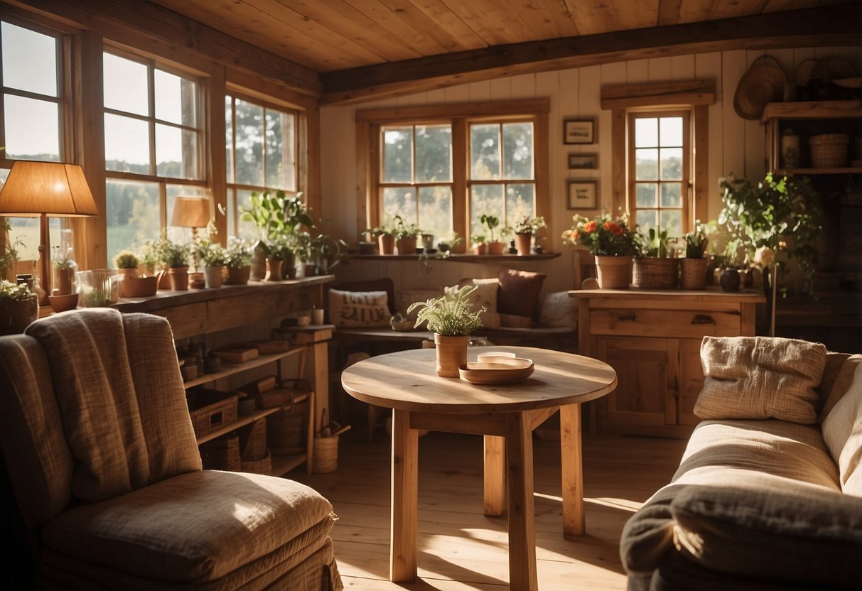 A cozy cottage interior filled with handcrafted wooden furniture, including tables, chairs, and shelves. The warm glow of sunlight filters through the windows, illuminating the rustic, charming space