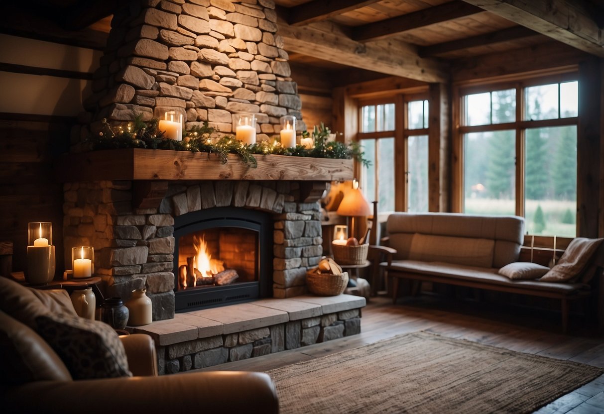 A cozy stone fireplace surrounded by rustic wooden beams and a crackling fire, casting a warm glow in a quaint cottage setting