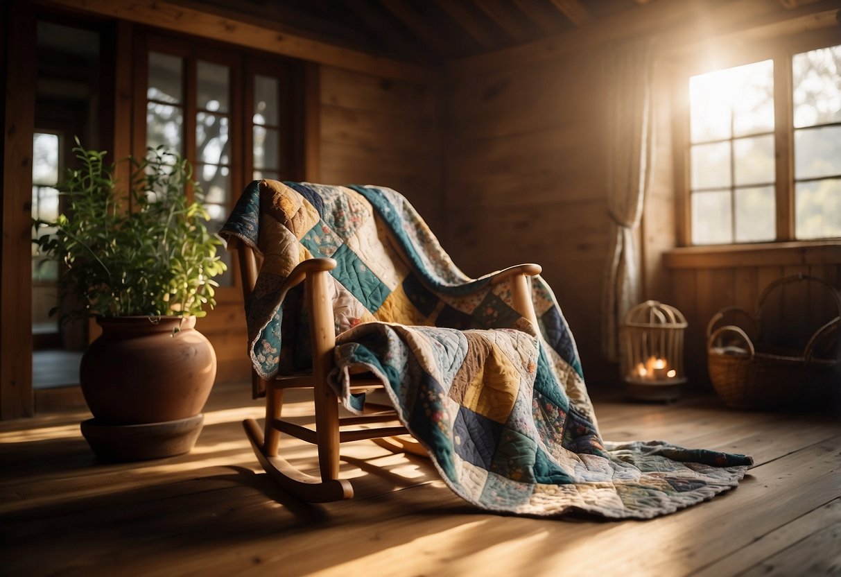 A cozy cottage with a patchwork quilt draped over a wooden rocking chair by a crackling fireplace. Sunlight streams in through lace curtains, casting a warm glow on the intricate stitching of the quilt