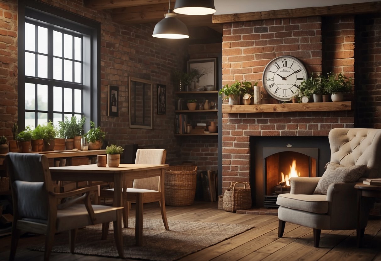 The cozy cottage interior features exposed brick walls, adding rustic charm and character to the space