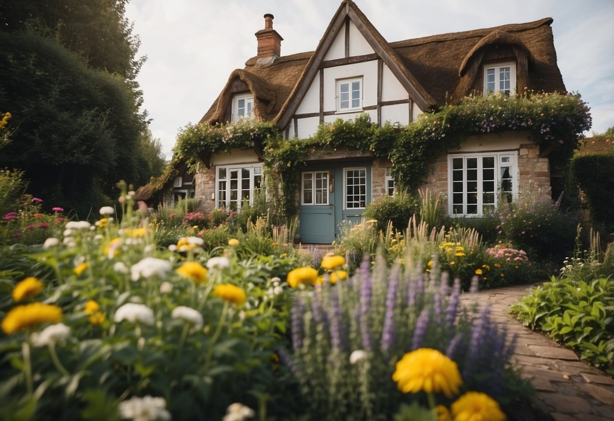 A quaint cottage with 22 herb gardens, each uniquely designed and arranged around the exterior, creating a colorful and fragrant display