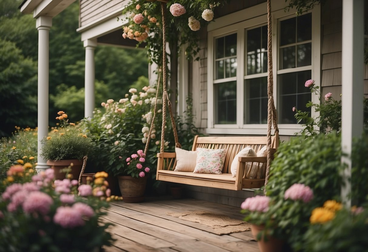 A quaint cottage porch with a wooden swing, surrounded by lush greenery and blooming flowers