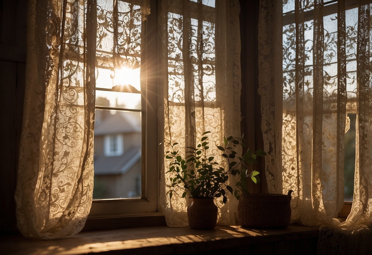 Sunlight filters through delicate lace curtains, casting intricate shadows on the rustic cottage interior