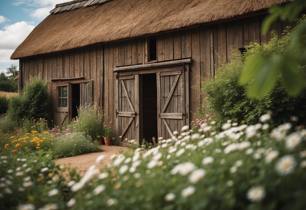 A rustic barn with two large wooden doors stands in front of a cozy cottage surrounded by lush greenery and blooming flowers