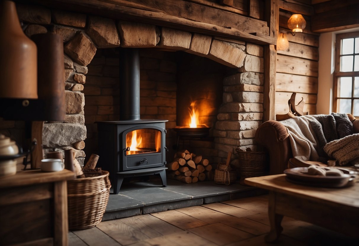 A cozy cottage with a crackling wood-burning stove, emitting warm light and casting shadows on the rustic interior