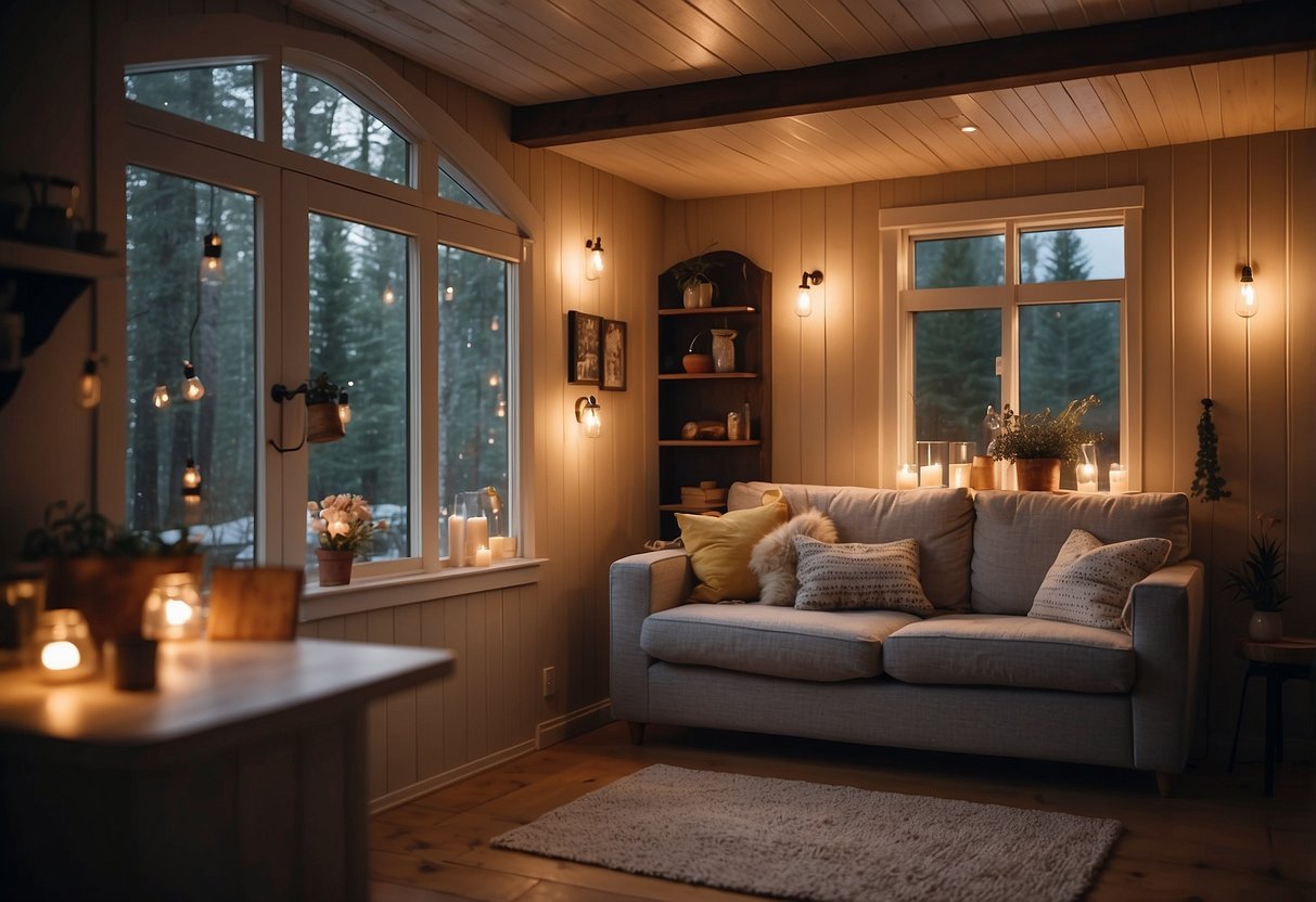 A cozy cottage interior with mason jar lights hanging from the ceiling, casting a warm and inviting glow throughout the room