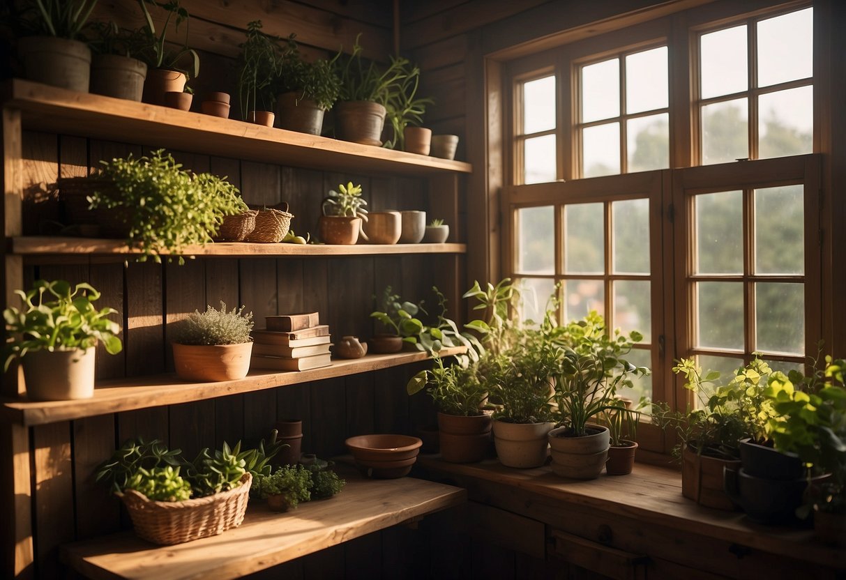 A cozy cottage interior with wooden rustic shelving, adorned with plants, books, and vintage decor. Sunlight streams through the window, casting a warm glow on the charming display