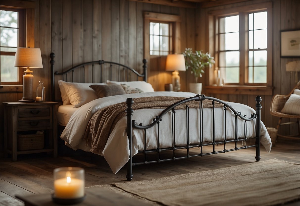 An iron bed frame stands in a cozy cottage bedroom, surrounded by rustic decor and soft, warm lighting