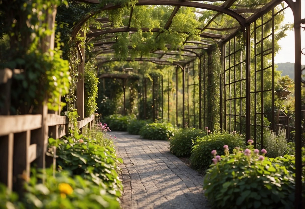 Vibrant garden with 18 unique trellis structures, ranging from rustic wood to modern metal, surrounded by lush greenery and climbing vines