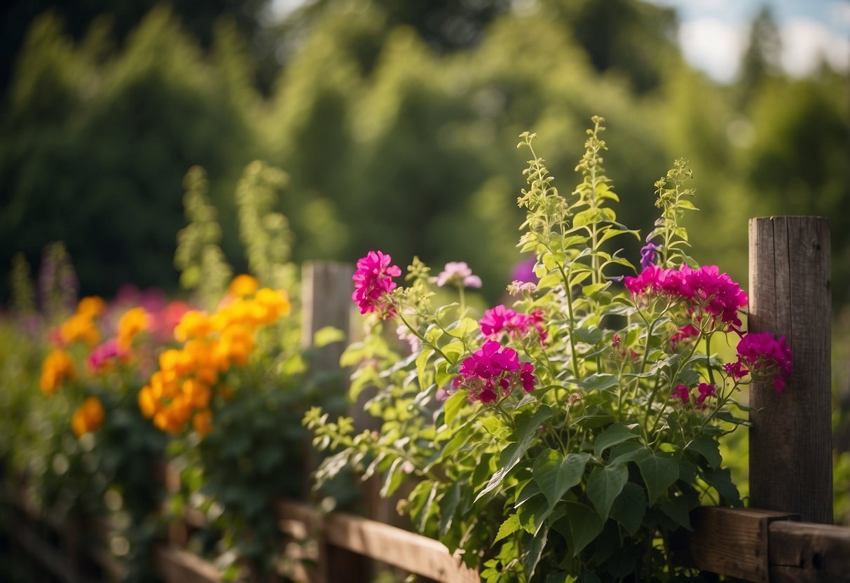 A vertical pallet garden trellis stands against a rustic wooden fence, adorned with vibrant green vines and colorful blooms