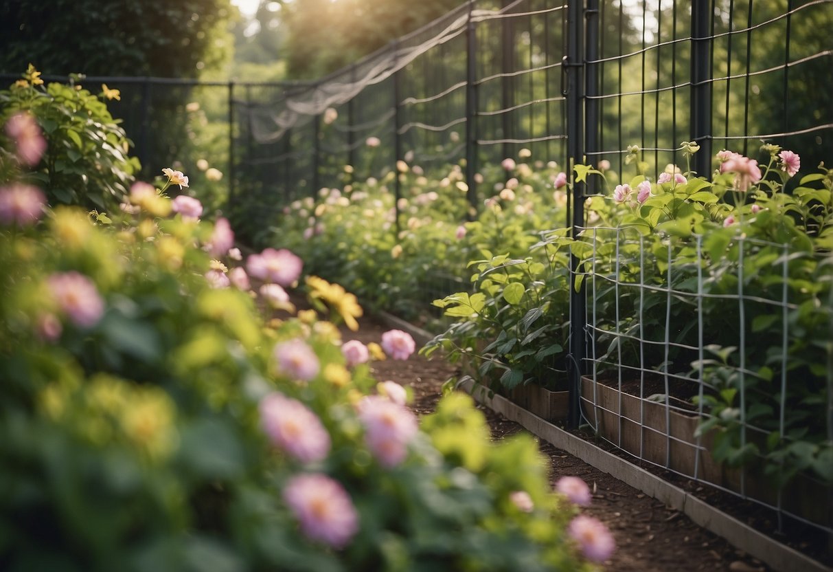 A garden with a wire mesh trellis supporting climbing plants, surrounded by lush greenery and blooming flowers