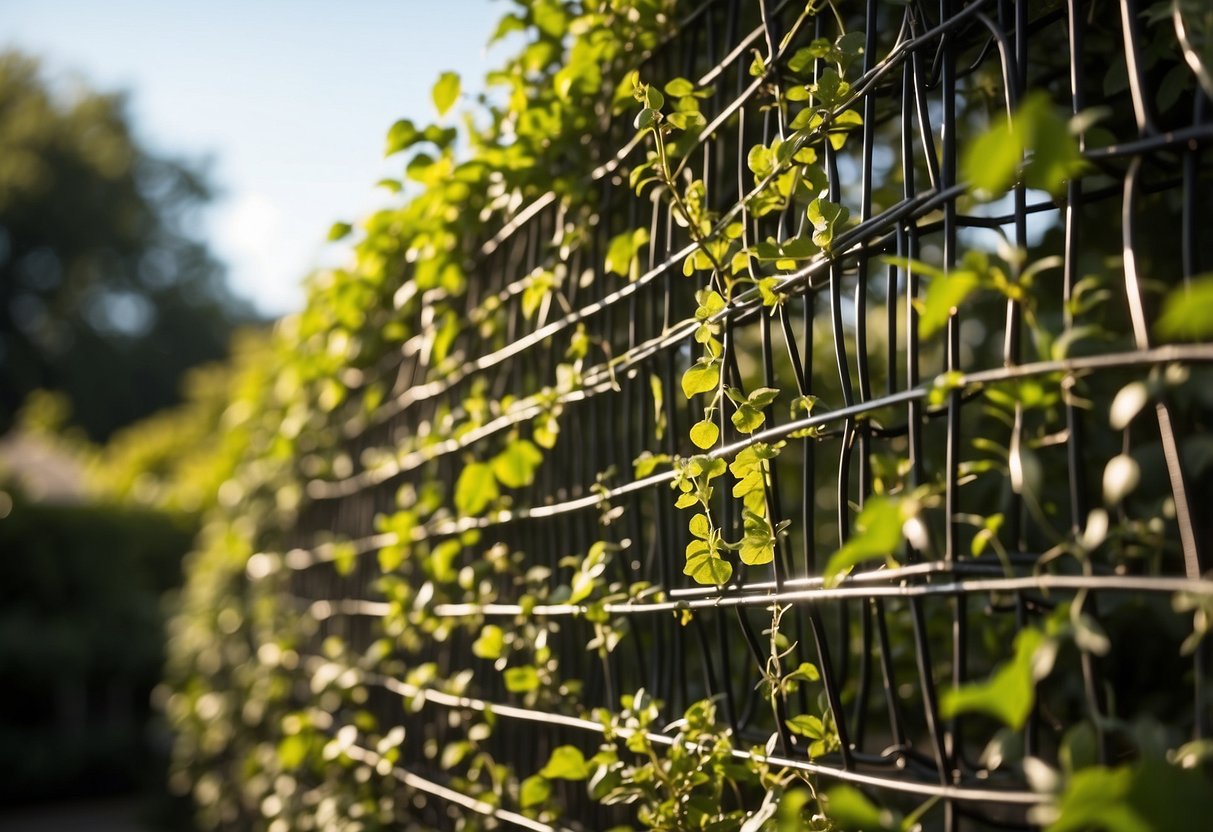 A garden with a trellis made from recycled bike wheels, climbing plants weaving through the spokes. Bright sunlight filters through the foliage