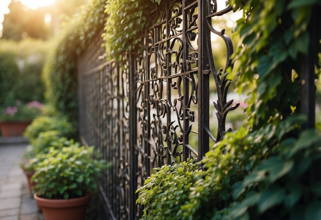 A metal trellis stands against a garden wall, adorned with intricate scrollwork and geometric patterns. Vines wind their way up the trellis, adding a touch of natural beauty to the decorative structure