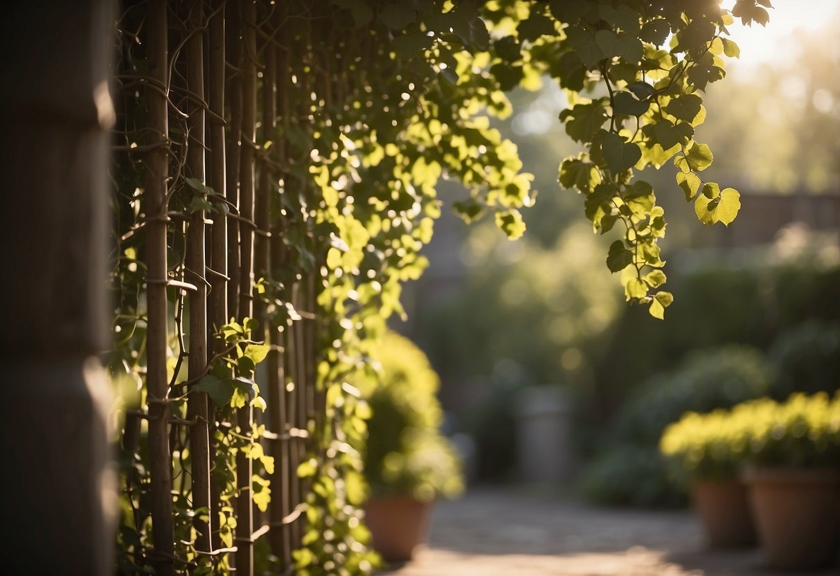 A rustic branch trellis stands in a garden, entwined with vines and flowers. The sun casts dappled shadows through the branches, creating a peaceful and natural scene