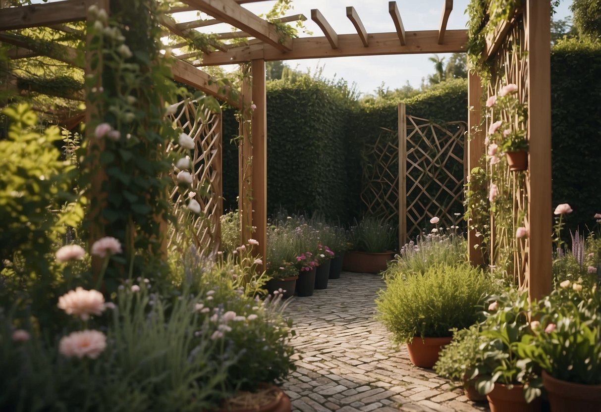 A garden with a herringbone trellis made of wood or metal, surrounded by climbing plants and flowers, creating a beautiful and functional DIY trellis structure