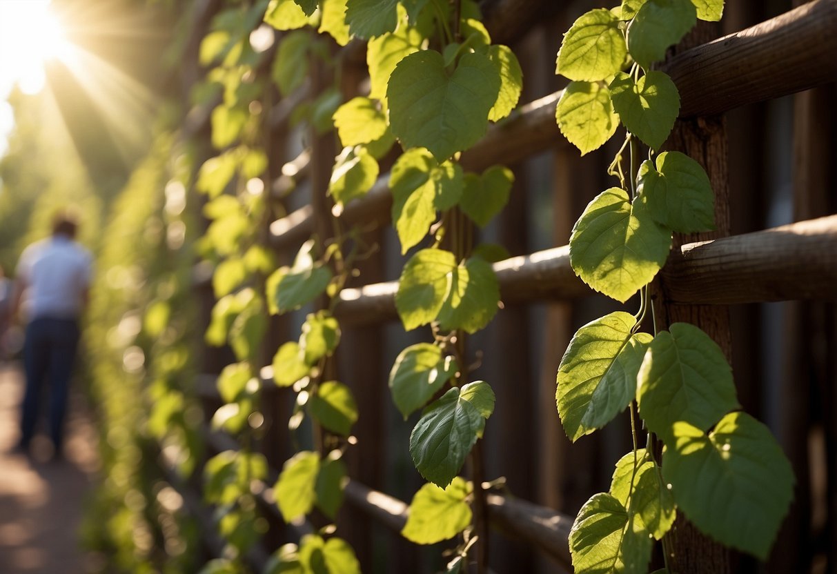 Vibrant green vines climb a wooden lattice, creating a living wall trellis. Sunlight filters through the leaves, casting dappled shadows on the ground