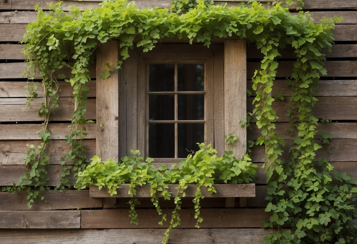 A weathered window frame serves as a trellis for climbing vines. The rustic wood is adorned with lush greenery, creating a charming garden feature