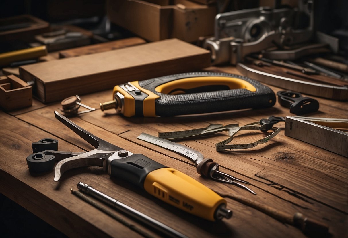 A table with various materials such as wood, wire, and nails. A toolbox with saw, hammer, and measuring tape. A sketchbook with trellis designs and a pencil