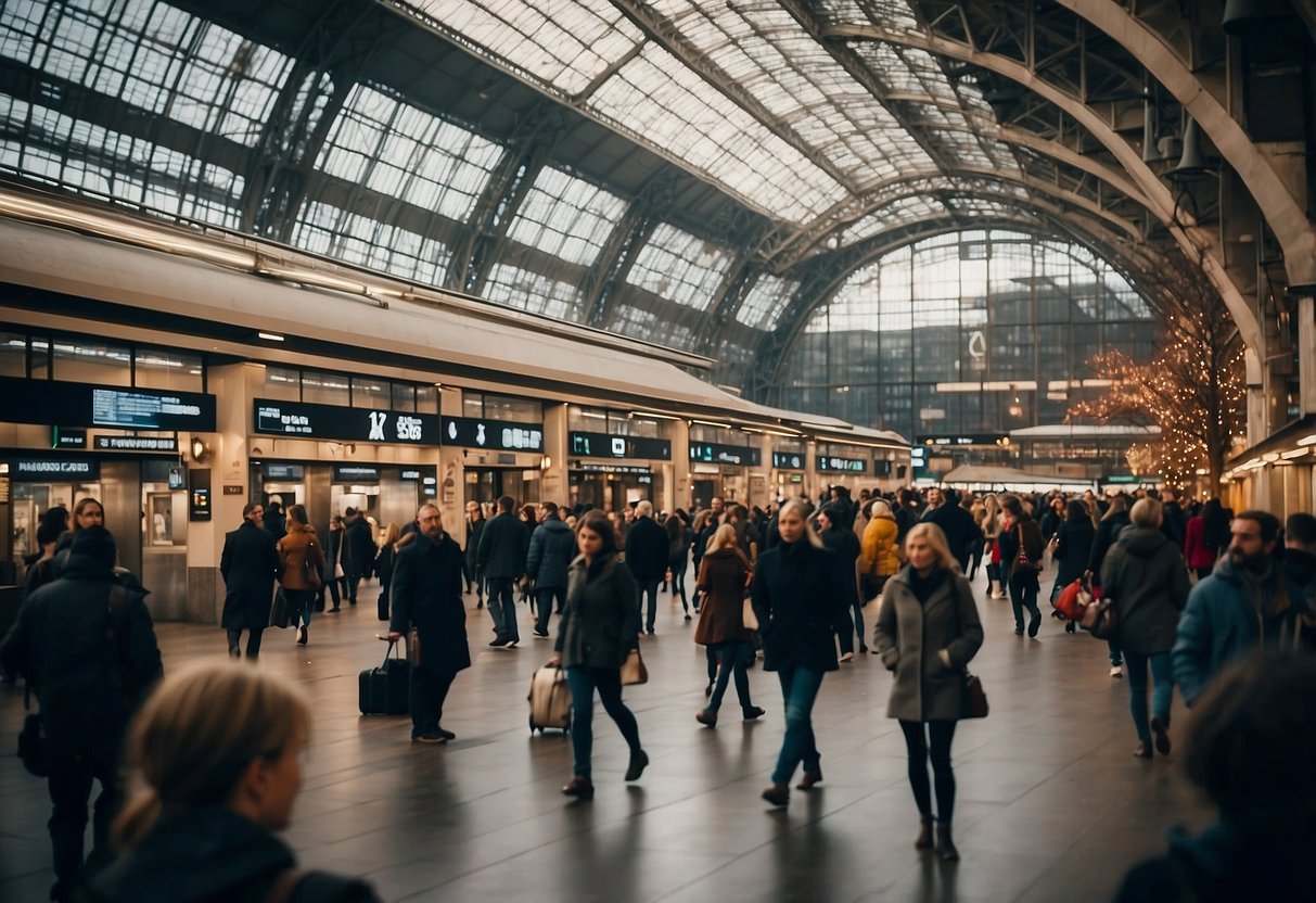 Berlin Ostbahnhof: bustling train station with modern facilities and services, including ticket counters, waiting areas, and shops. Busy travelers and trains in the background