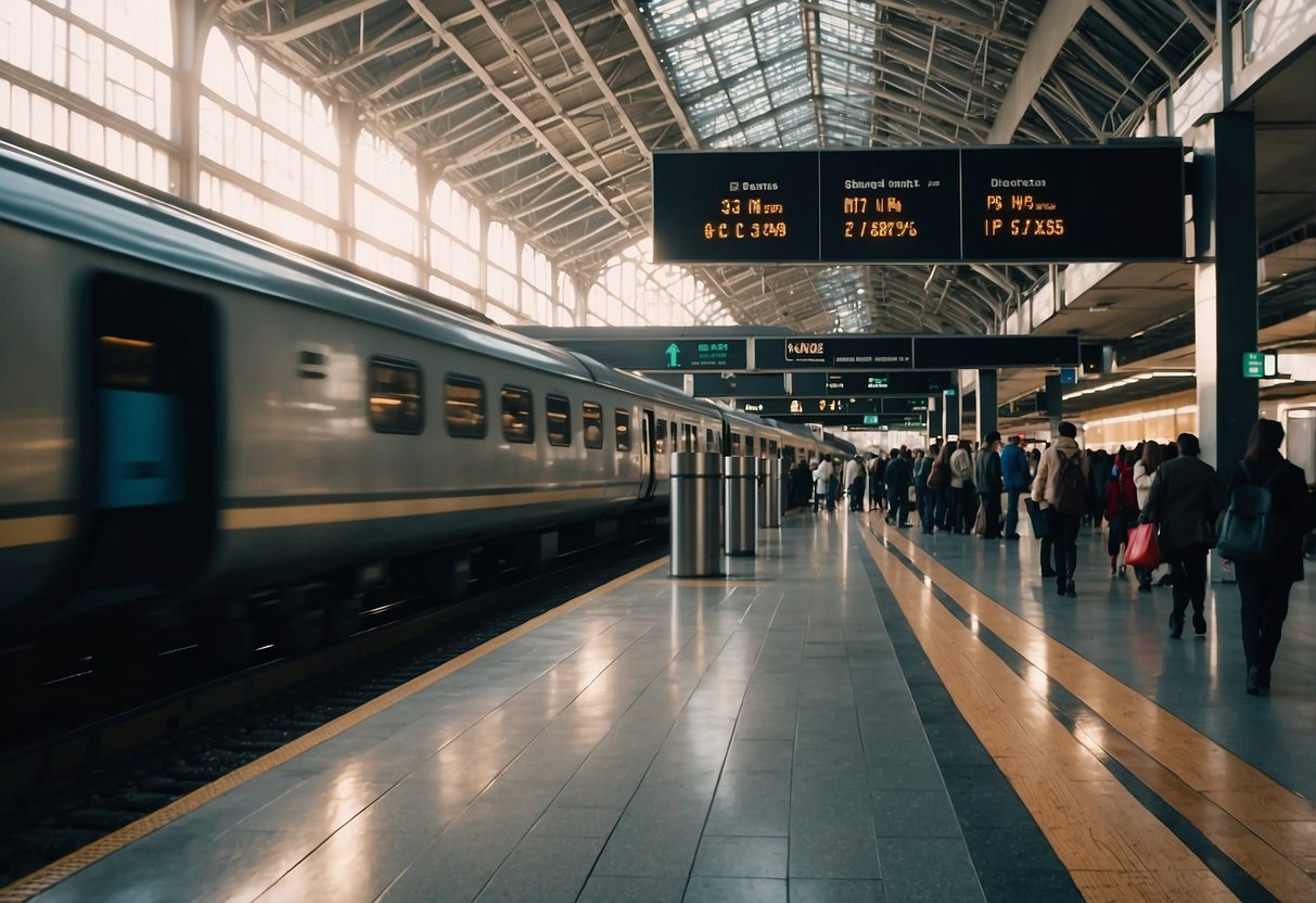 A bustling train station with trains arriving and departing, passengers moving through the station, and signs indicating various destinations