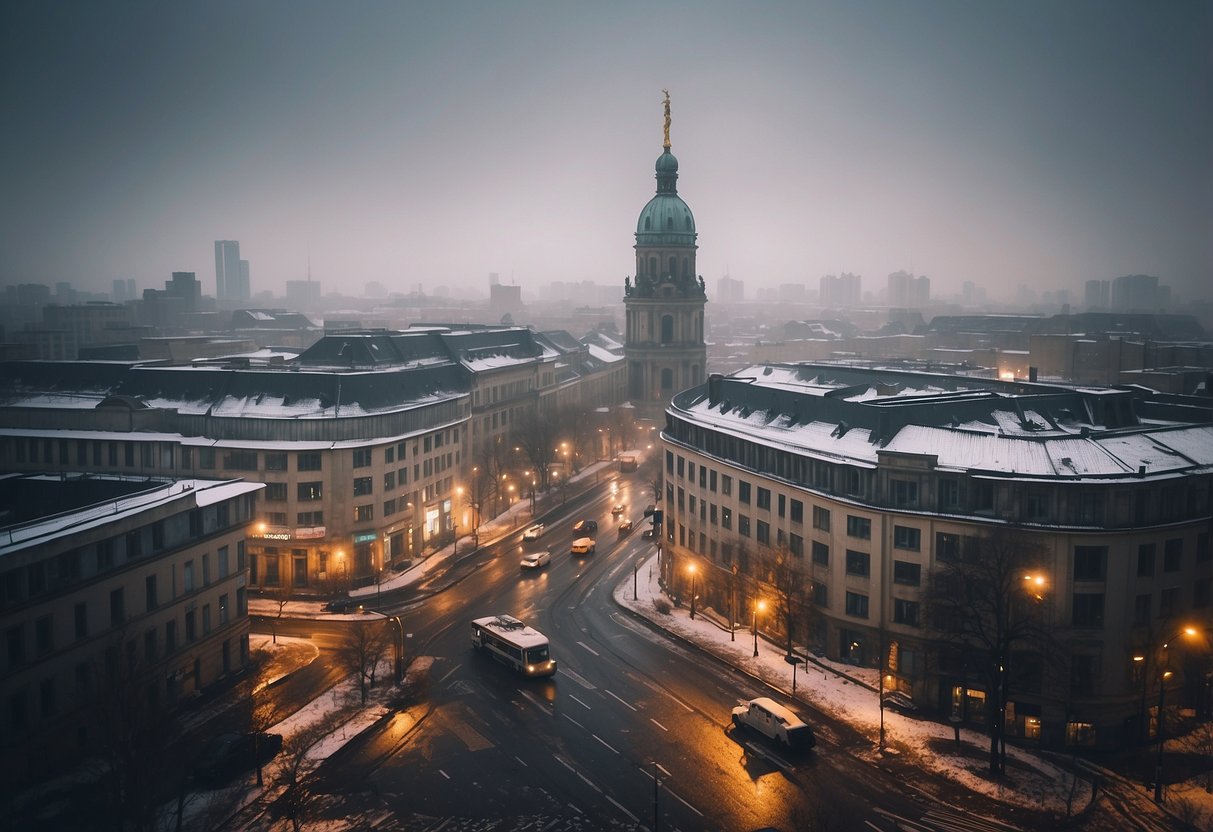 The scene shows a cityscape of Berlin in December, with gray skies, cold temperatures, and occasional snowfall