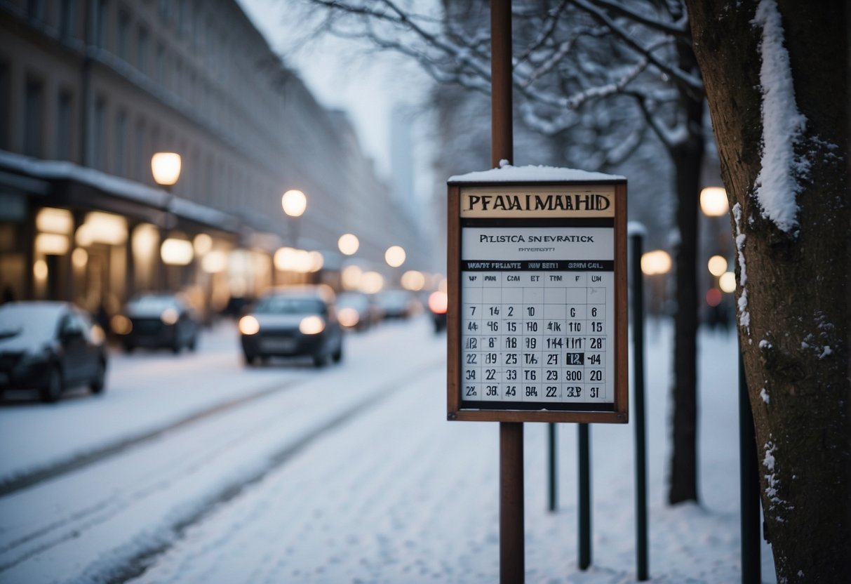 A snow-covered street in Berlin with a sign displaying "Practical Information for Visitors" and a calendar showing December weather